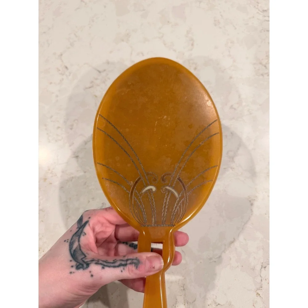Vintage Art Deco MCM Butterscotch Celluloid Hand Mirror Etched Amber‎ Vanity